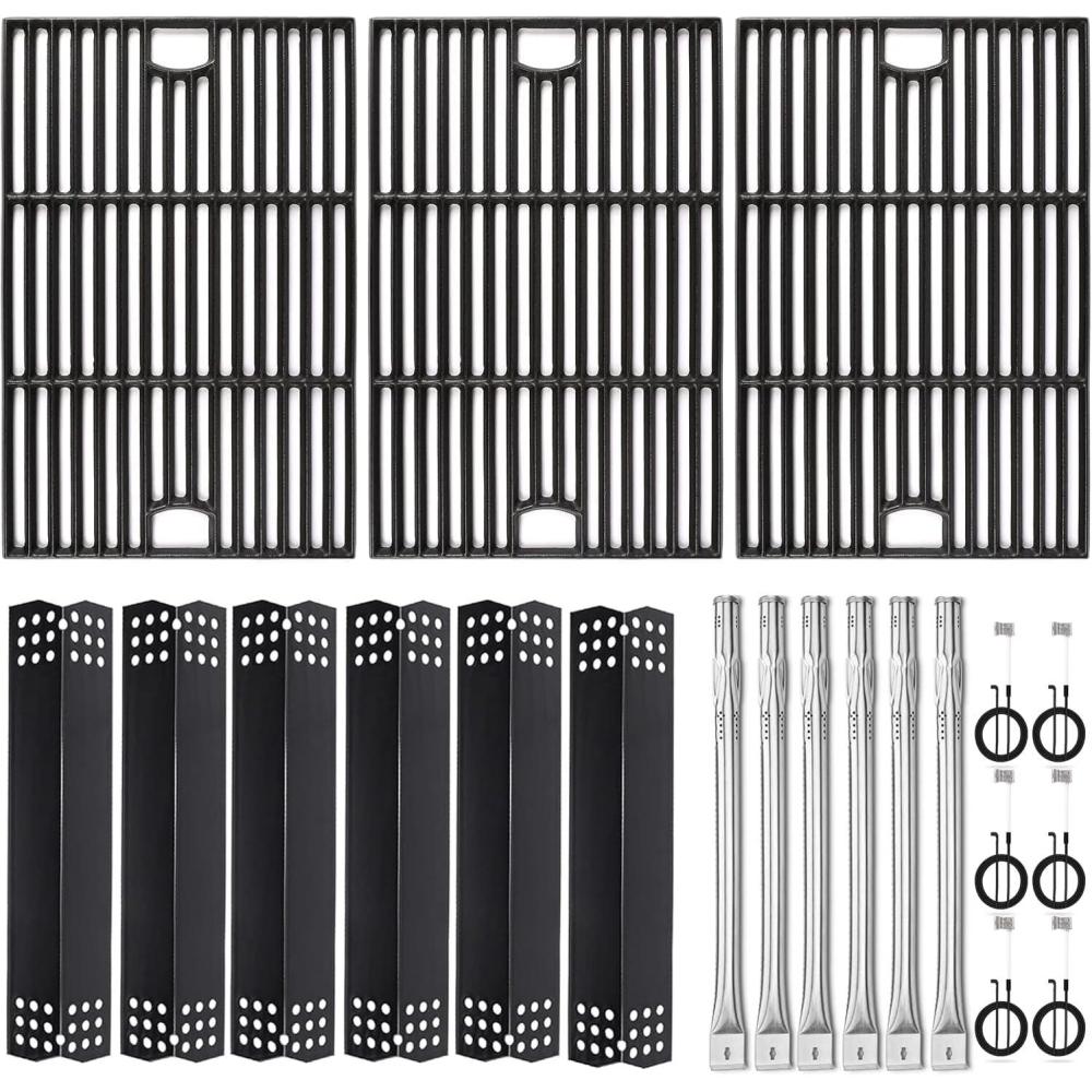 imageHisencn Grill Parts Kit for Home Depot Nexgrill 6 Burner 7200896E 7200896B 7200896C Gas Grill Stainless Steel Grill Burners Heat Plates Tent Shields Flame Tamers Cooking Grates Grid3 Cast Iron grates 6 burner 6pc heat tent
