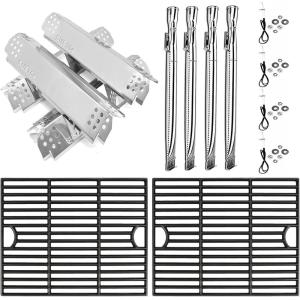 Hisencn Grill Parts Kit for Home Depot Nexgrill 6 Burner 720-0896E, 720-0896B, 720-0896C Gas Grill, Stainless Steel Grill Burners, Heat Plates Tent Shields Flame Tamers, Cooking Grates Grid(2 Cast Iron grates + 4 burner + 4ss heat tent)