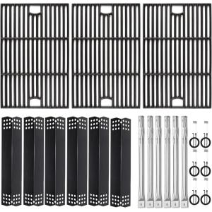 Hisencn Grill Parts Kit for Home Depot Nexgrill 6 Burner 720-0896E, 720-0896B, 720-0896C Gas Grill, Stainless Steel Grill Burners, Heat Plates Tent Shields Flame Tamers, Cooking Grates Grid(3 Cast Iron grates + 6 burner + 6pc heat tent)