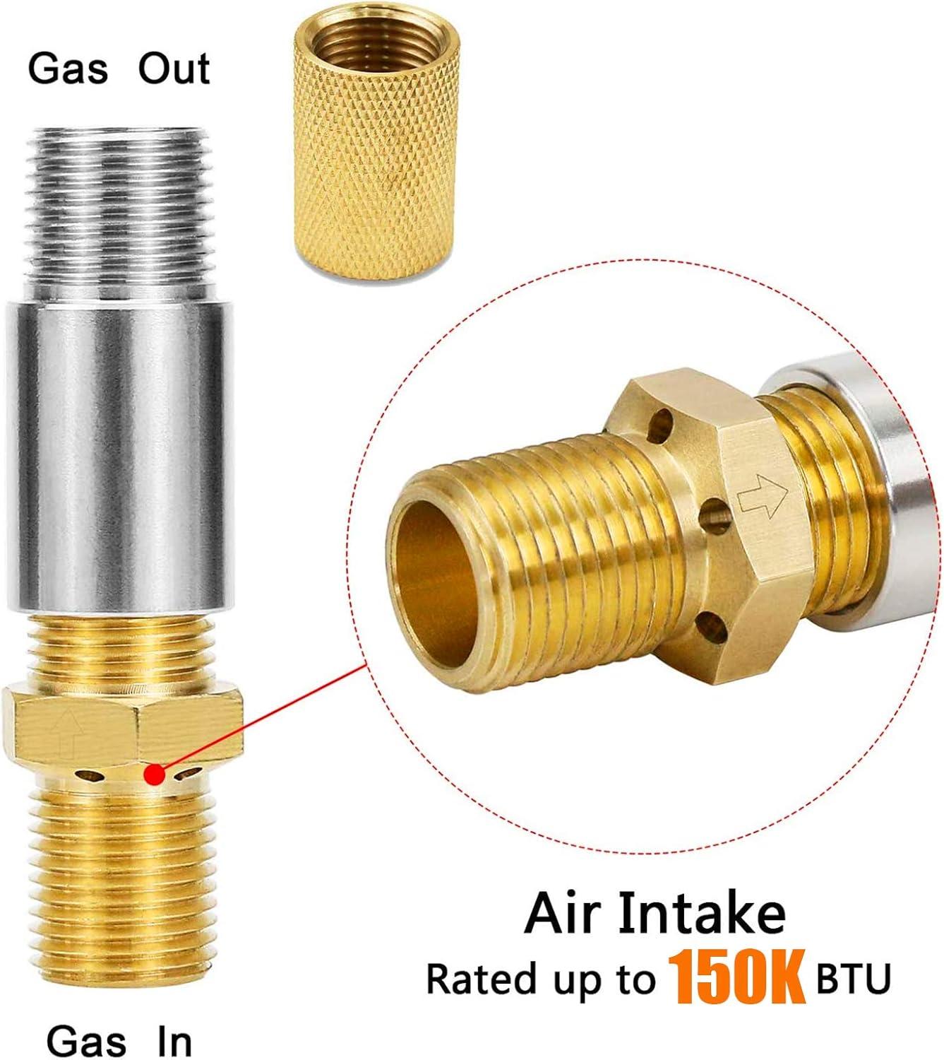 imageHisencn 12 LP Air Mixer Valve for Fire Pits 150K BTU Capacity High 304 Stainless Steel and Solid Brass Liquid Propane Gas Copper Joint 12 inch NPT Female and Male Thread with A Brass Adapter