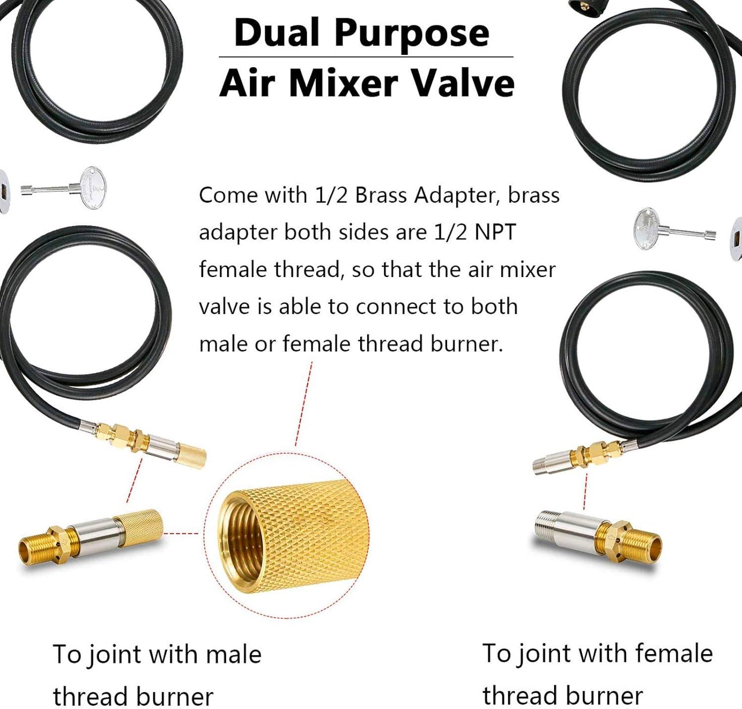 imageHisencn 12 LP Air Mixer Valve for Fire Pits 150K BTU Capacity High 304 Stainless Steel and Solid Brass Liquid Propane Gas Copper Joint 12 inch NPT Female and Male Thread with A Brass Adapter