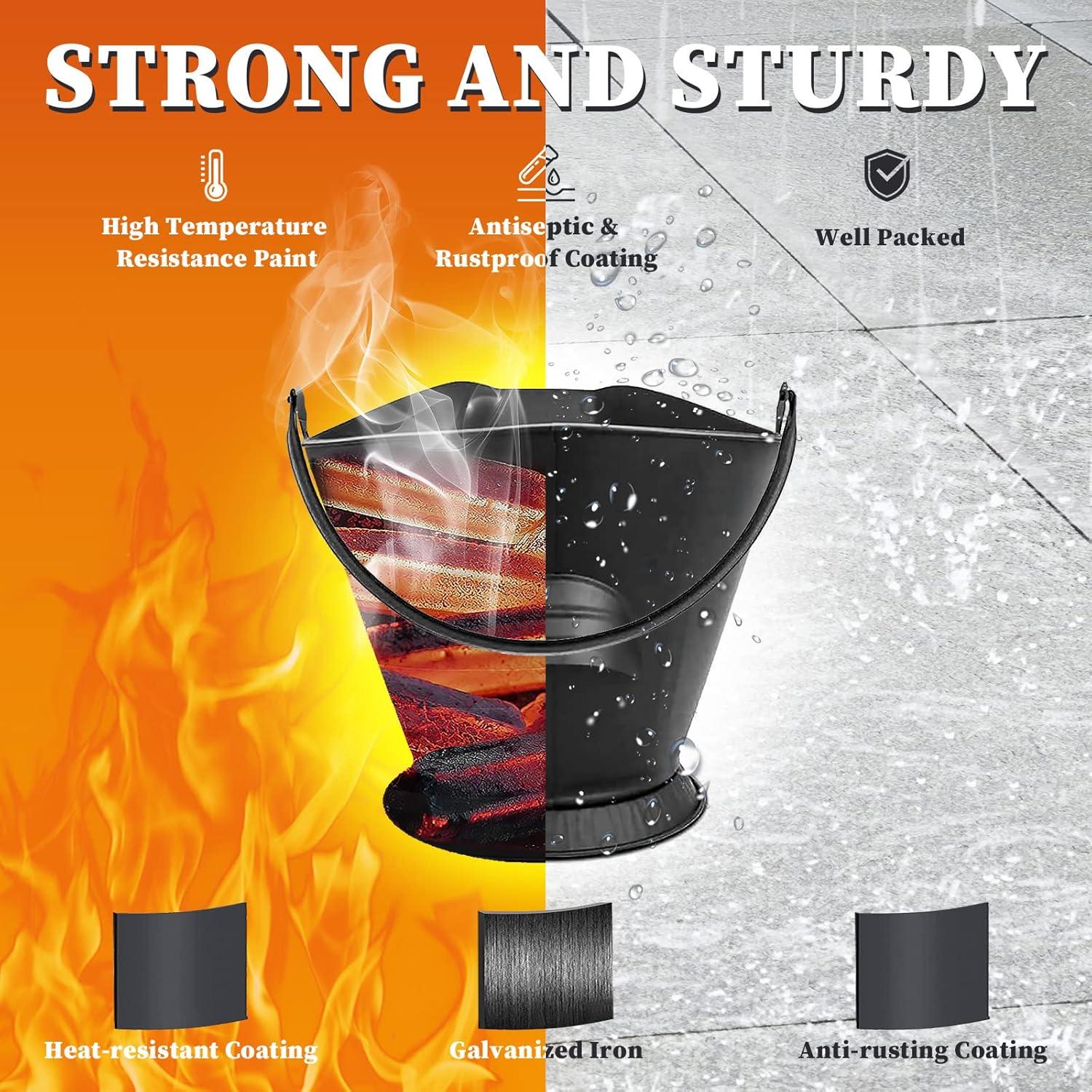 imageHisencn Ash Bucket with Shovel and Hand Broom Galvanized Metal Coal and Hot Ash Pail Container Tools for Fireplace Hearth Charcoal Wood Fire Pits Burning Stoves Indoor and Outdoor