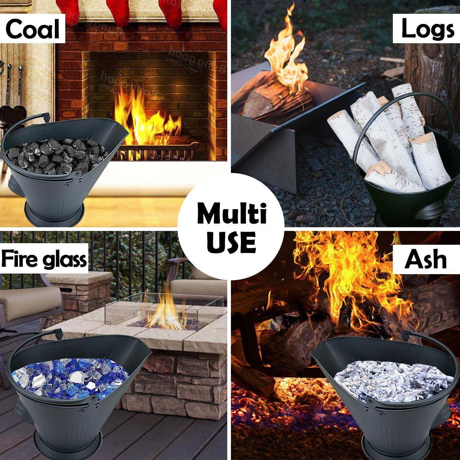 imageHisencn Ash Bucket with Shovel and Hand Broom Galvanized Metal Coal and Hot Ash Pail Container Tools for Fireplace Hearth Charcoal Wood Fire Pits Burning Stoves Indoor and Outdoor