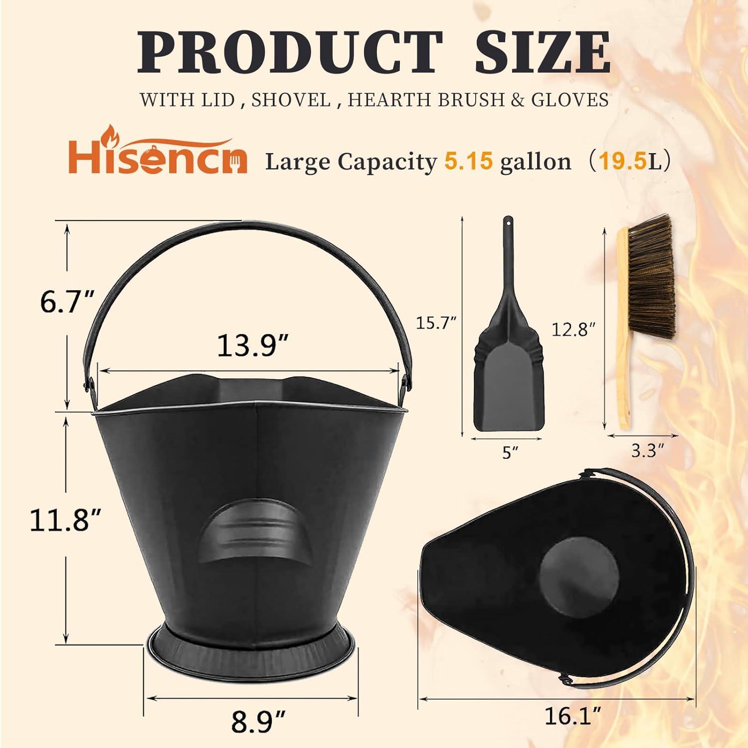 imageHisencn Ash Bucket with Shovel and Hand Broom Galvanized Metal Coal and Hot Ash Pail Container Tools for Fireplace Hearth Charcoal Wood Fire Pits Burning Stoves Indoor and Outdoor