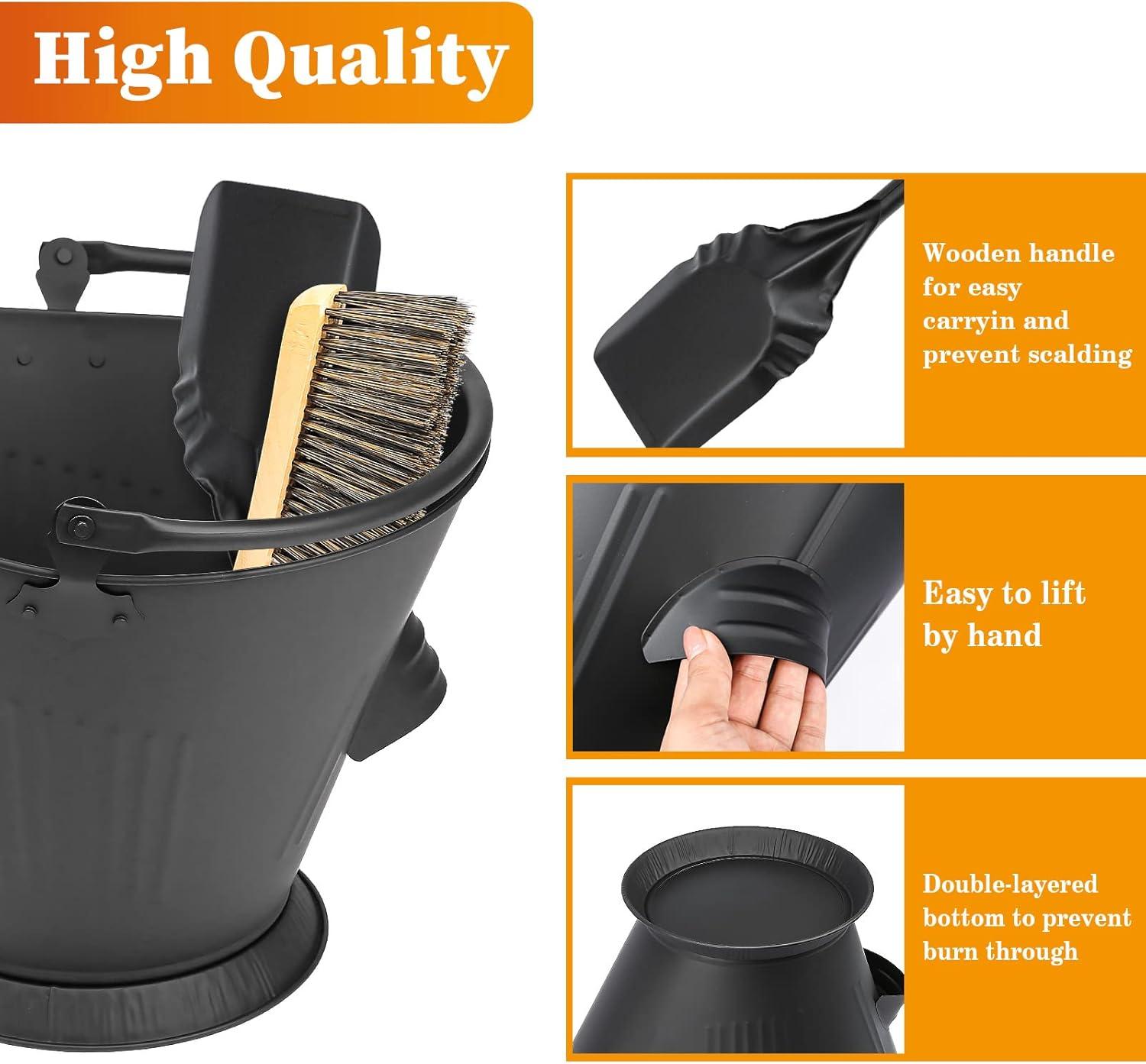 imageHisencn Ash Bucket with Shovel and Hand Broom Galvanized Metal Coal and Hot Ash Pail Container Tools for Fireplace Hearth Charcoal Wood Fire Pits Burning Stoves Indoor and Outdoor