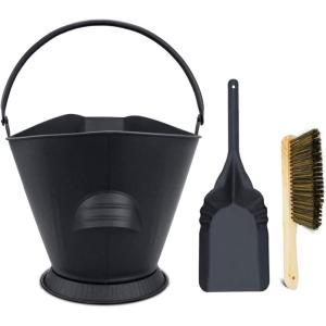 Hisencn Ash Bucket with Shovel and Hand Broom, Galvanized Metal Coal and Hot Ash Pail Container Tools for Fireplace, Hearth, Charcoal Wood, Fire Pits Burning Stoves Indoor and Outdoor