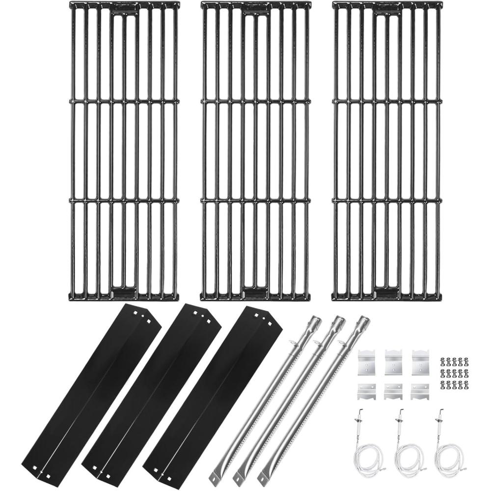 imageHisencn Replacement Parts for Chargriller 3001 3008 3030 4000 5050 5252 Gas Grill Burner Tube Heat Plate Porcelain Cast Iron Cooking Grates Ignitor for Chargriller 3 Burner Gas GrillBlack