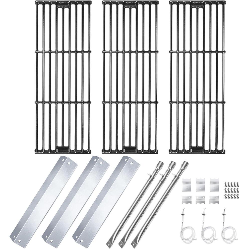 imageHisencn Replacement Parts for Chargriller 3001 3008 3030 4000 5050 5252 Gas Grill Burner Tube Heat Plate Porcelain Cast Iron Cooking Grates Ignitor for Chargriller 3 Burner Gas GrillSilver
