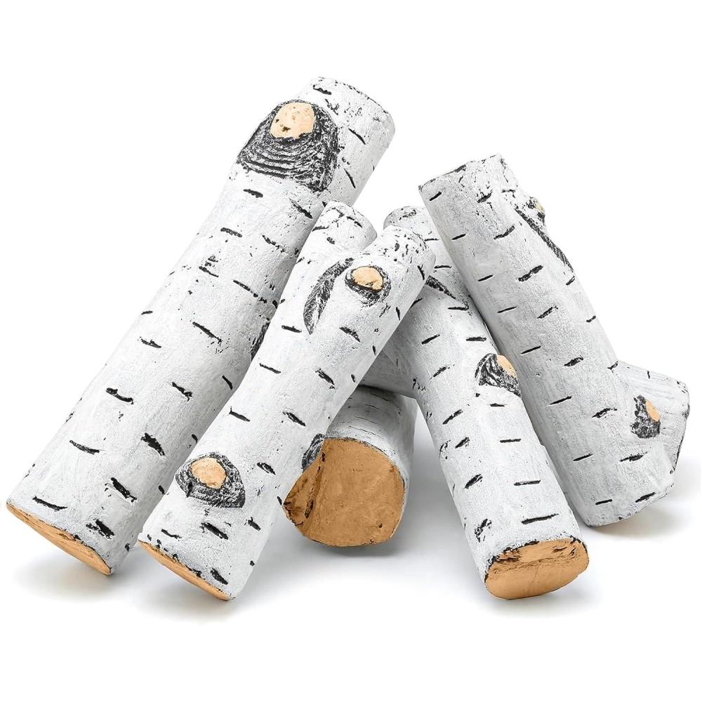 imageHisencn 6 Pieces Gas Fireplace Logs White Birch Wood Ceramic Logs for Fire Pits Propane Gas Gel Ethanol Electric Gas Inserts Indoor Outdoor Fireplace Fake Wood