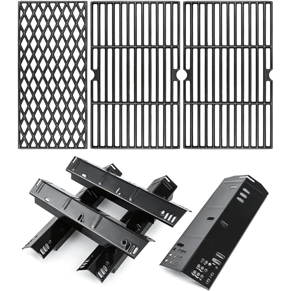 imageHisencn Grill Replacement Part for Dyna Glo DGH474CRP DGH485CRP 5 Burner Grill Porcelain Steel Heat Plate Tents 5 Pack Cast Iron Cooking Grates 3 Pack for Dyna Glo 5 Burner Gas Grillfor DynaGlo DGH474CRP