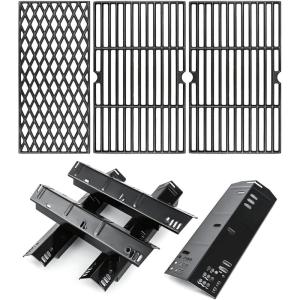 Hisencn Grill Replacement Part for Dyna Glo DGH474CRP DGH485CRP 5 Burner Grill, Porcelain Steel Heat Plate Tents 5 Pack, Cast Iron Cooking Grates 3 Pack for Dyna Glo 5 Burner Gas Grill(for Dyna-Glo DGH474CRP)