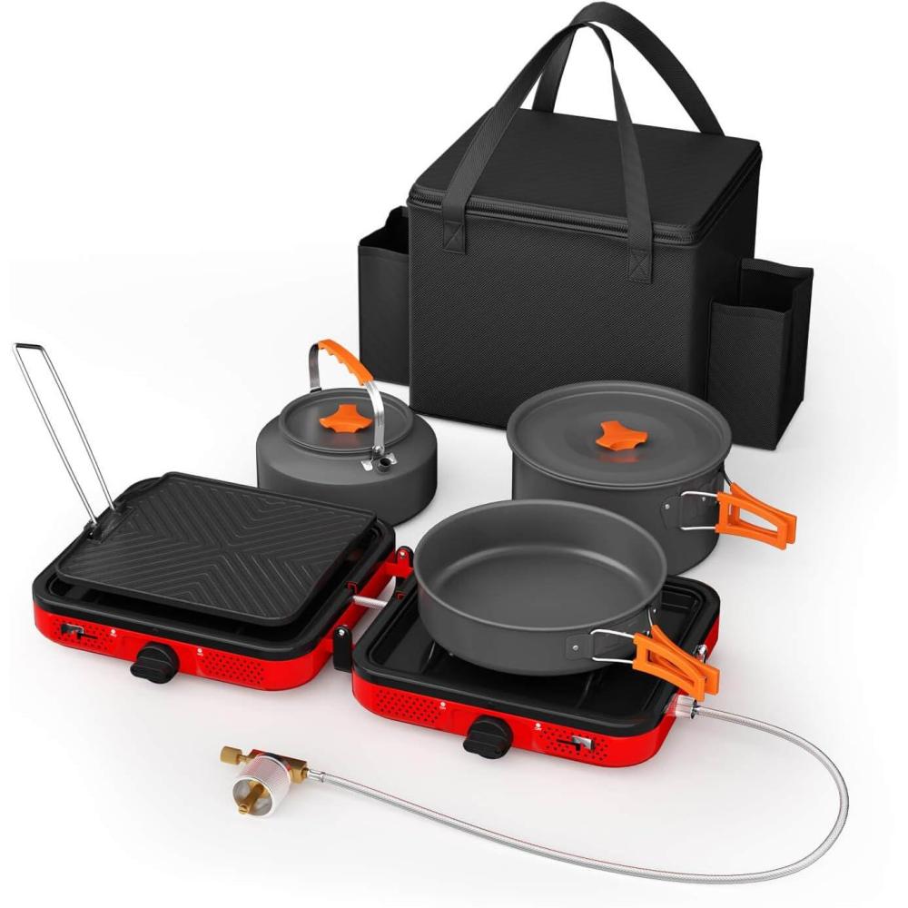 imageHisencn Camping Stove2 Burner Propane Camping Stove with Cookware Set30000 BTU Foldable Portable Gas Stove with Carry BagOutdoor Cooking Stove for Camping GearRV Essentials amp EmergencyGreenRed