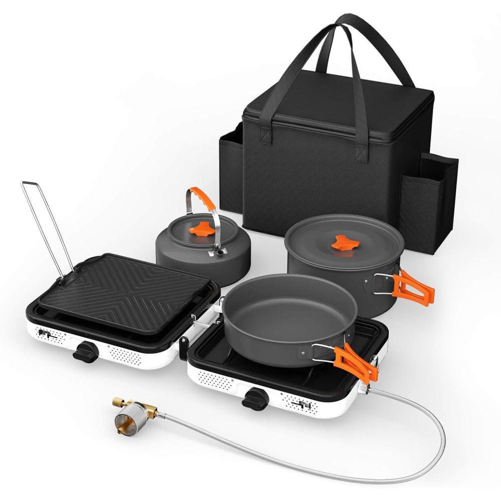 imageHisencn Camping Stove2 Burner Propane Camping Stove with Cookware Set30000 BTU Foldable Portable Gas Stove with Carry BagOutdoor Cooking Stove for Camping GearRV Essentials amp EmergencyGreenWhite