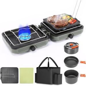 Hisencn Camping Stove,2 Burner Propane Camping Stove with Cookware Set,30,000 BTU Foldable Portable Gas Stove with Carry Bag,Outdoor Cooking Stove for Camping Gear,RV Essentials & Emergency,Green(Green)