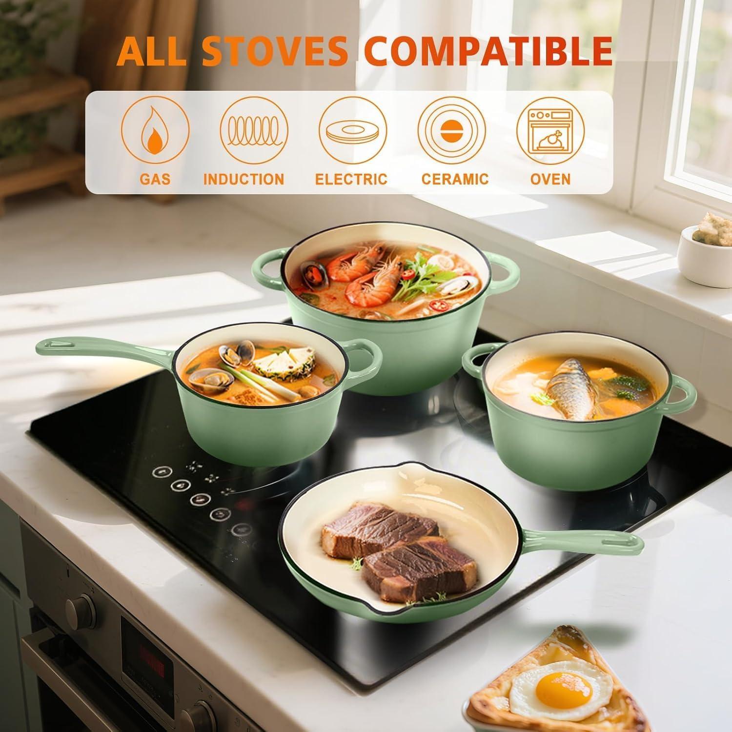 imageHisencn Enameled Cast Iron Cookware Set 7 Piece Dutch Ovens Set Sauce Pan Skillet 3 Lids Pots and Pans Set Ceramic Coated Cast Iron Heavy Duty GasInduction Compatible PFA Free Rouge RedPistachio Green