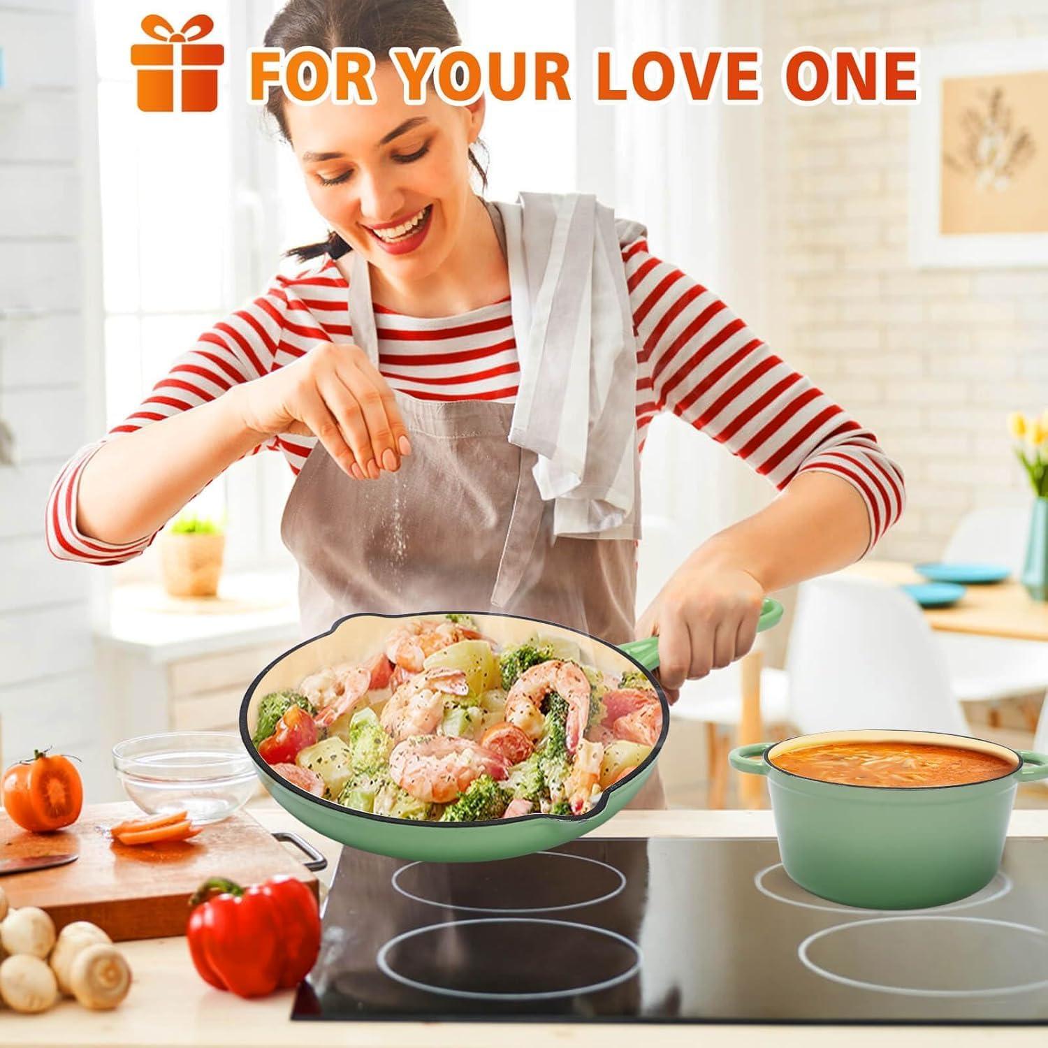 imageHisencn Enameled Cast Iron Cookware Set 7 Piece Dutch Ovens Set Sauce Pan Skillet 3 Lids Pots and Pans Set Ceramic Coated Cast Iron Heavy Duty GasInduction Compatible PFA Free Rouge RedPistachio Green