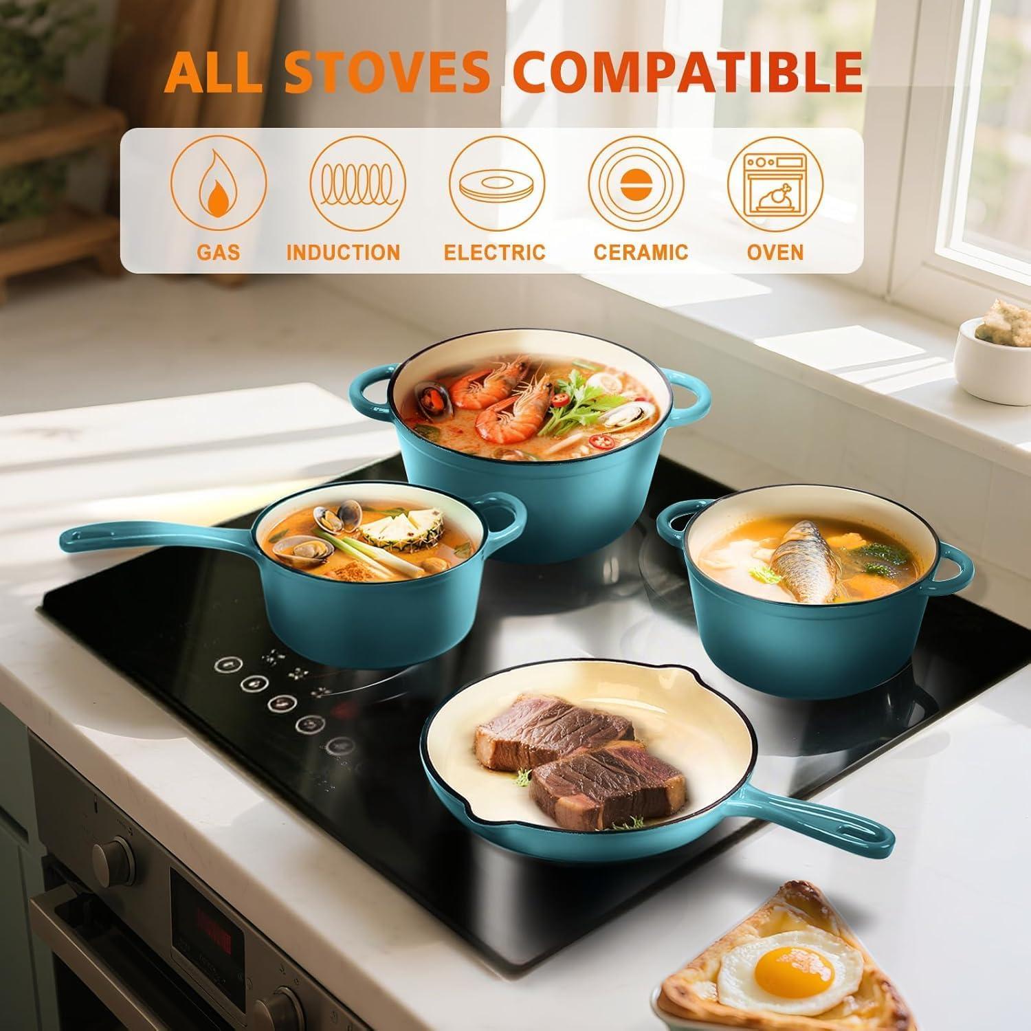 imageHisencn Enameled Cast Iron Cookware Set 7 Piece Dutch Ovens Set Sauce Pan Skillet 3 Lids Pots and Pans Set Ceramic Coated Cast Iron Heavy Duty GasInduction Compatible PFA Free Rouge RedTeal