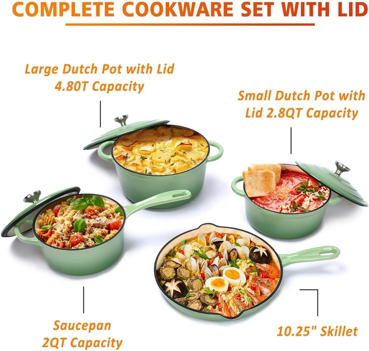 imageHisencn Enameled Cast Iron Cookware Set 7 Piece Dutch Ovens Set Sauce Pan Skillet 3 Lids Pots and Pans Set Ceramic Coated Cast Iron Heavy Duty GasInduction Compatible PFA Free Rouge RedPistachio Green