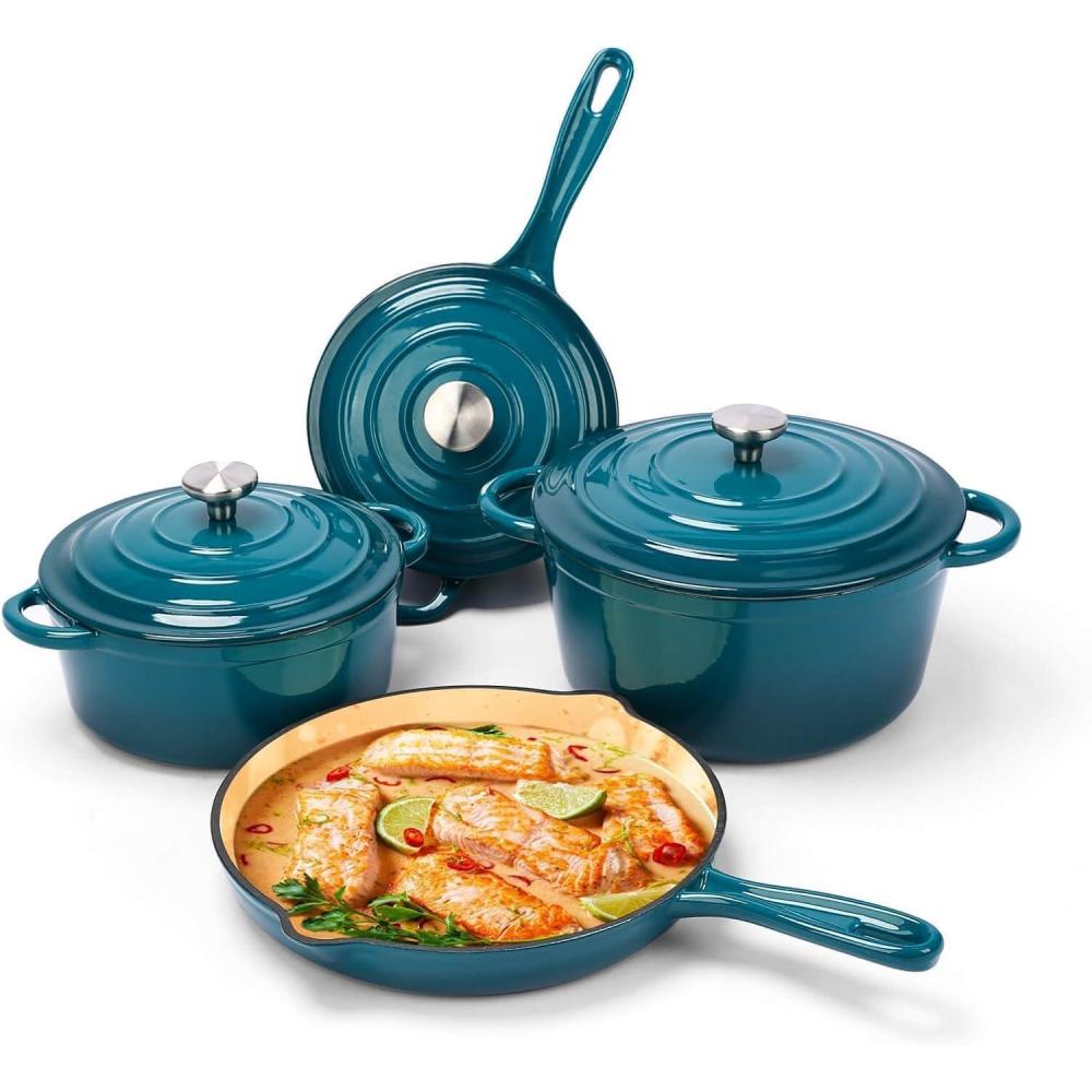 imageHisencn Enameled Cast Iron Cookware Set 7 Piece Dutch Ovens Set Sauce Pan Skillet 3 Lids Pots and Pans Set Ceramic Coated Cast Iron Heavy Duty GasInduction Compatible PFA Free Rouge RedTeal