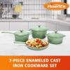 Hisencn Enameled Cast Iron Cookware Set – 7 Piece Dutch Ovens Set, Sauce Pan, Skillet, 3 Lids, Pots and Pans Set, Ceramic Coated Cast Iron, Heavy Duty, Gas/Induction Compatible, PFA Free, Rouge Red(Pistachio Green)