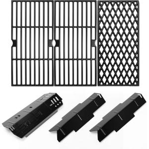 Hisencn Grill Replacement Parts for Dyna-Glo 3-Burner DGF371CRP-D DGH373CRP-D, Cast Iron Grill Grates, Porcelain Steel Heat Plates, Grill Parts Kit for Dyna-Glo Grill(3 Grill Grates+3 Flavorizer Bars)