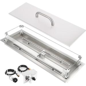 Hisencn 30 x 10 Inch Drop-in Fire Pit Kit, Premium Stainless Steel Modern Fire Trough with Tempered Glass Wind Guard, Built-in Outdoor Table Flame Feature for Patio, Backyard & Entertaining