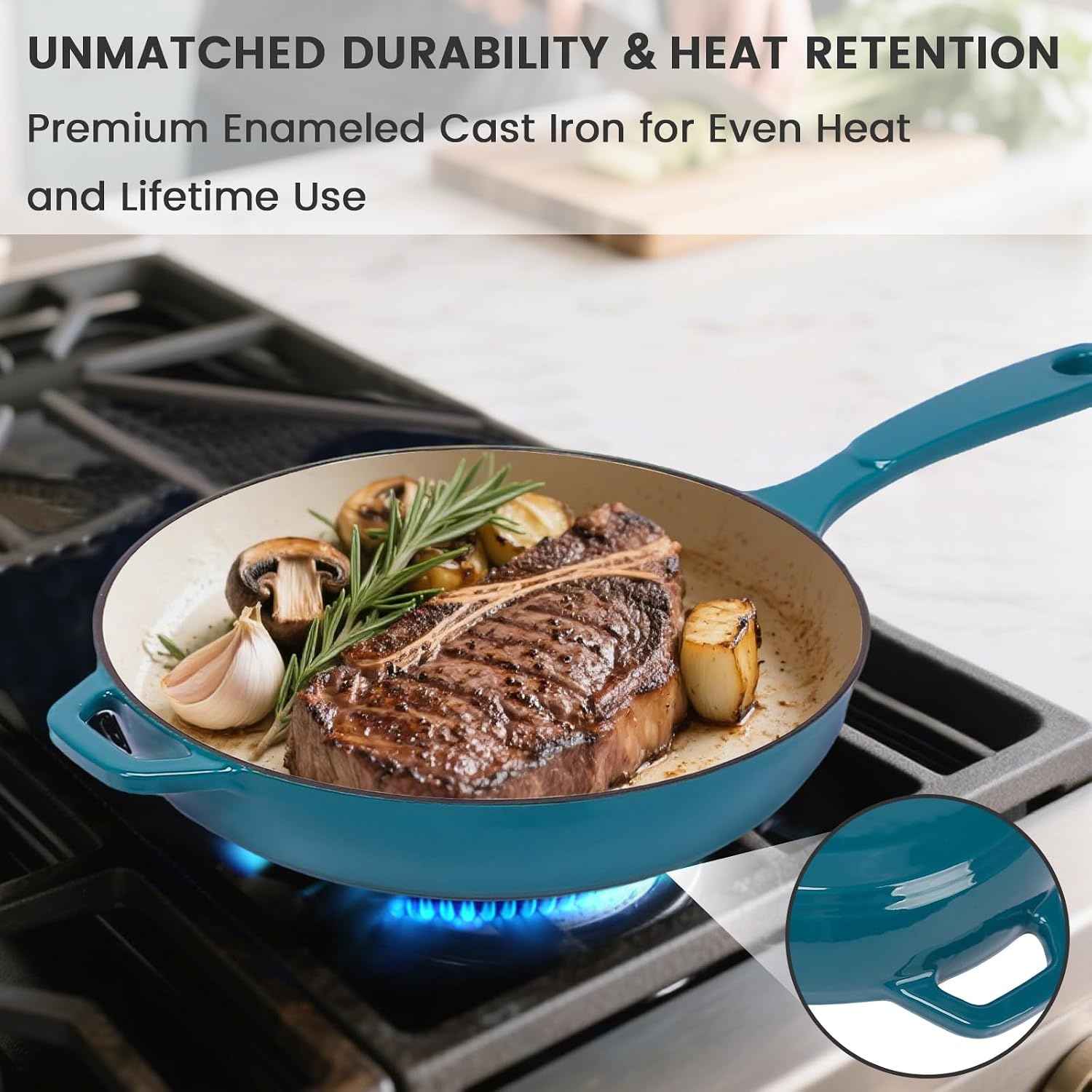 image:imageHisencn Enameled Cast Iron Cookware Set 7 Piece Dutch Ovens Set Sauce Pan Skillet 3 Lids Pots and Pans Set Ceramic Coated Cast Iron Heavy Duty GasInduction Compatible PFA FreeBiscay Blue