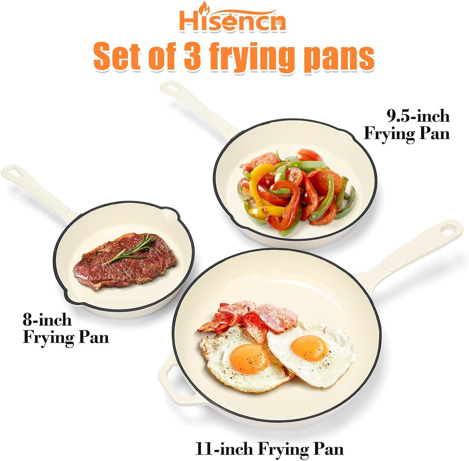 image:imageHisencn Enameled Cast Iron Cookware Set 7 Piece Dutch Ovens Set Sauce Pan Skillet 3 Lids Pots and Pans Set Ceramic Coated Cast Iron Heavy Duty GasInduction Compatible PFA FreeCream White