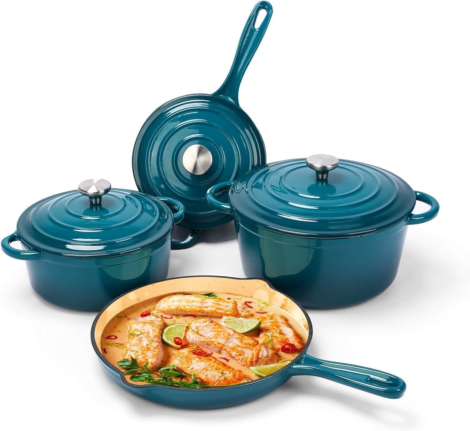 image:imageHisencn Enameled Cast Iron Cookware Set 7 Piece Dutch Ovens Set Sauce Pan Skillet 3 Lids Pots and Pans Set Ceramic Coated Cast Iron Heavy Duty GasInduction Compatible PFA FreeBiscay Blue