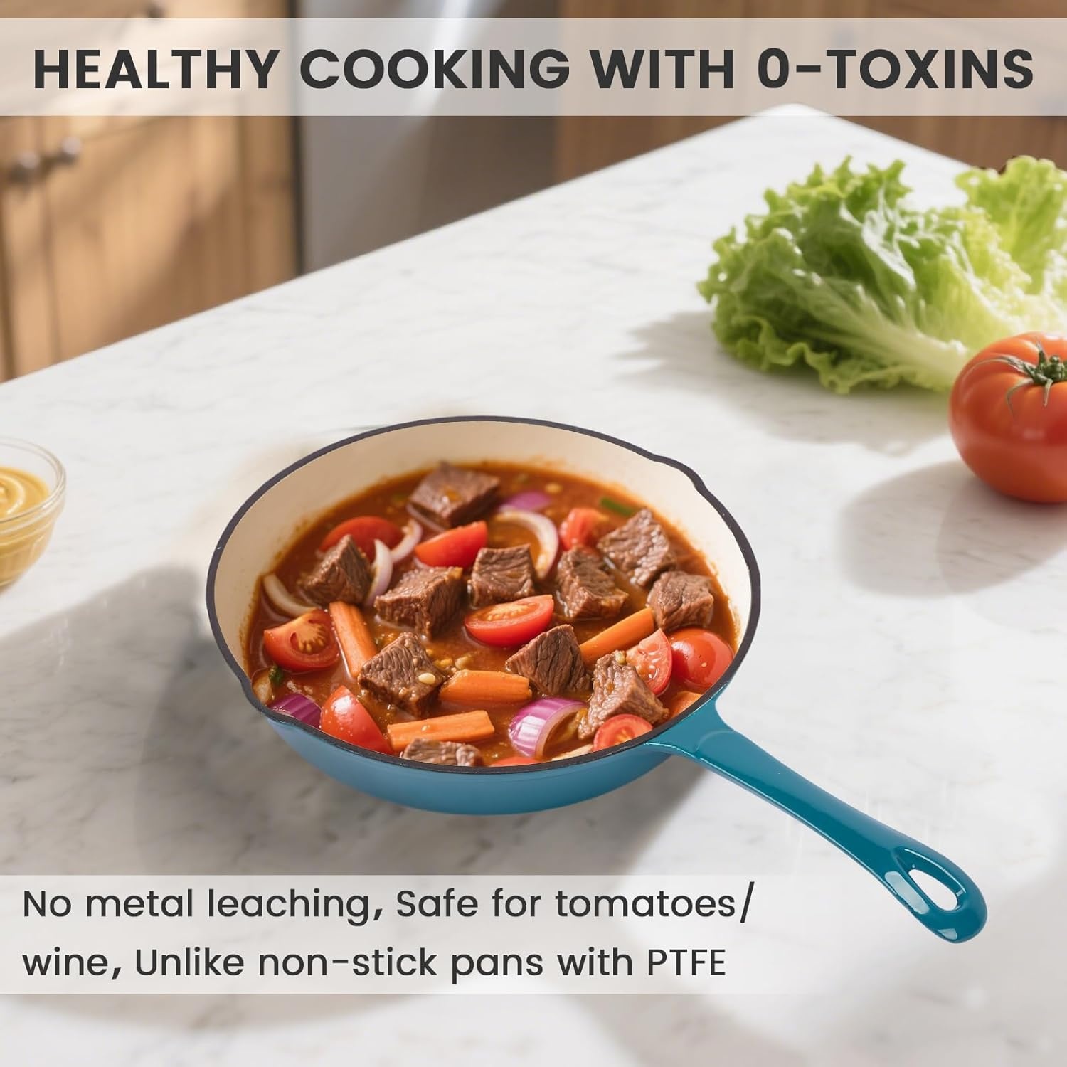 image:imageHisencn Enameled Cast Iron Cookware Set 7 Piece Dutch Ovens Set Sauce Pan Skillet 3 Lids Pots and Pans Set Ceramic Coated Cast Iron Heavy Duty GasInduction Compatible PFA FreeBiscay Blue