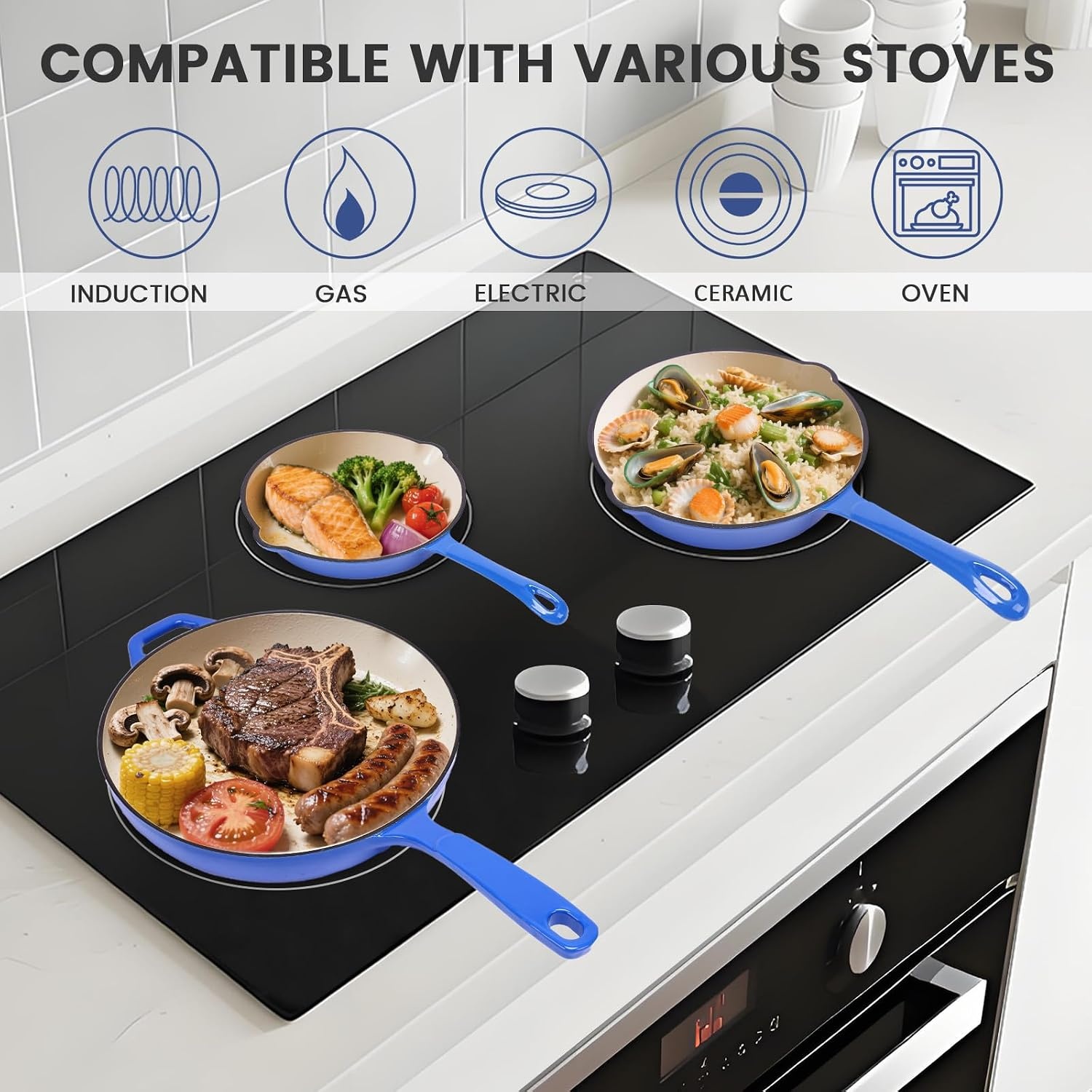 image:imageHisencn Enameled Cast Iron Cookware Set 7 Piece Dutch Ovens Set Sauce Pan Skillet 3 Lids Pots and Pans Set Ceramic Coated Cast Iron Heavy Duty GasInduction Compatible PFA FreeCobalt Blue
