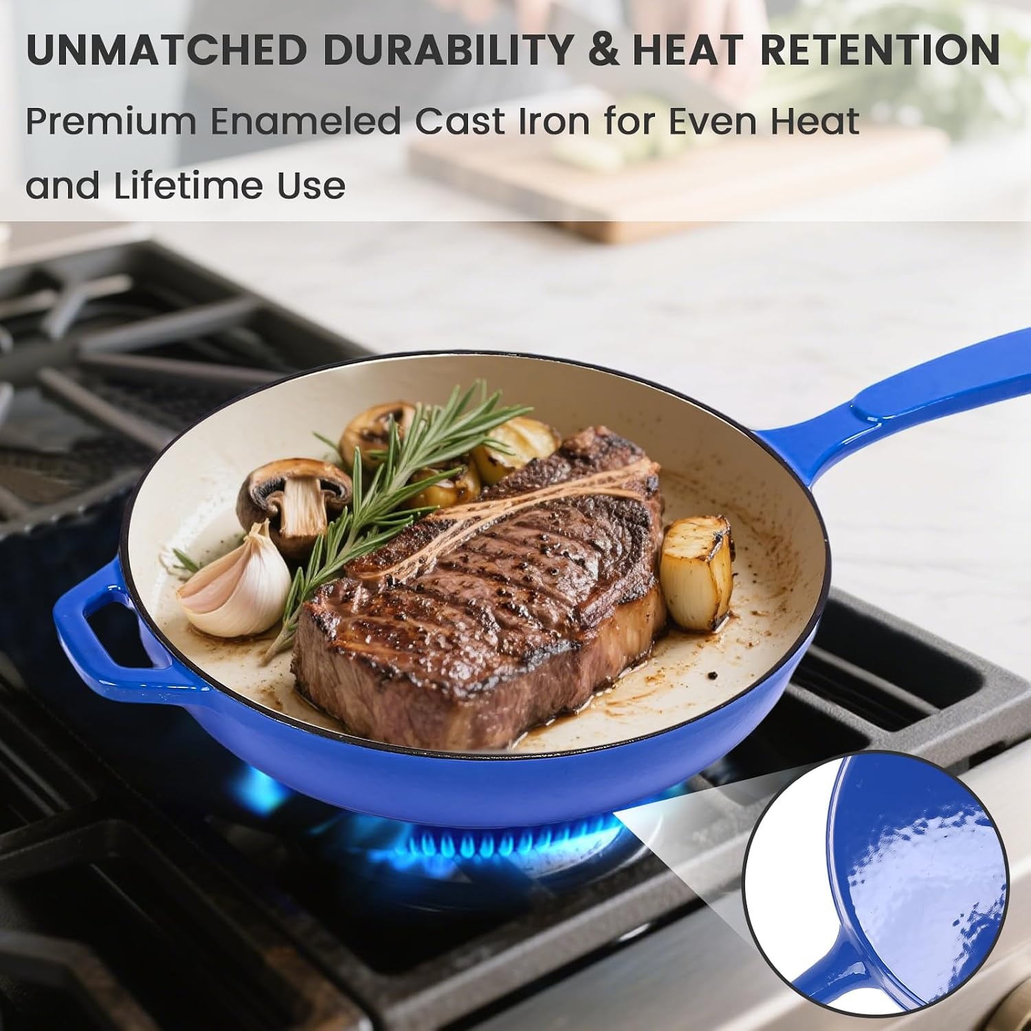 image:imageHisencn Enameled Cast Iron Cookware Set 7 Piece Dutch Ovens Set Sauce Pan Skillet 3 Lids Pots and Pans Set Ceramic Coated Cast Iron Heavy Duty GasInduction Compatible PFA FreeCobalt Blue