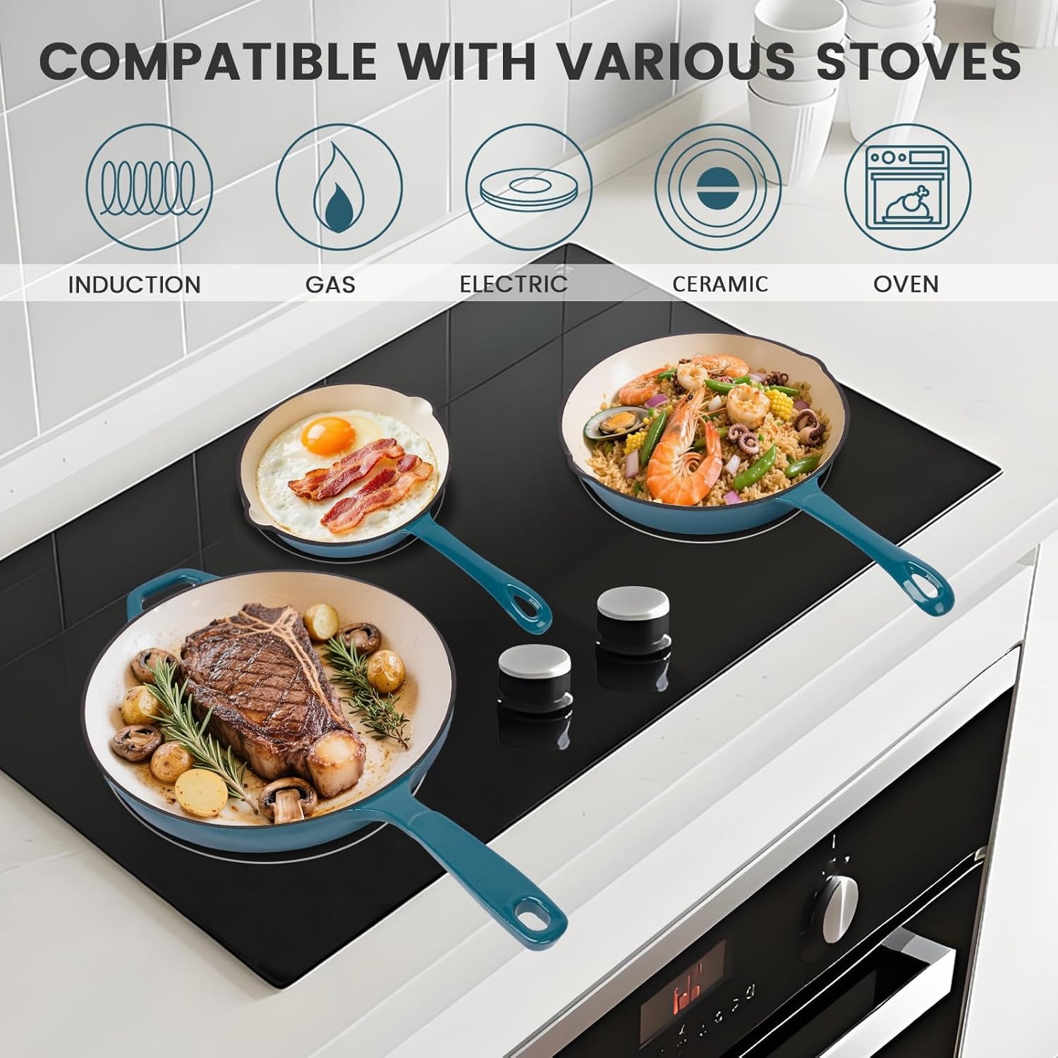 image:imageHisencn Enameled Cast Iron Cookware Set 7 Piece Dutch Ovens Set Sauce Pan Skillet 3 Lids Pots and Pans Set Ceramic Coated Cast Iron Heavy Duty GasInduction Compatible PFA FreeBiscay Blue