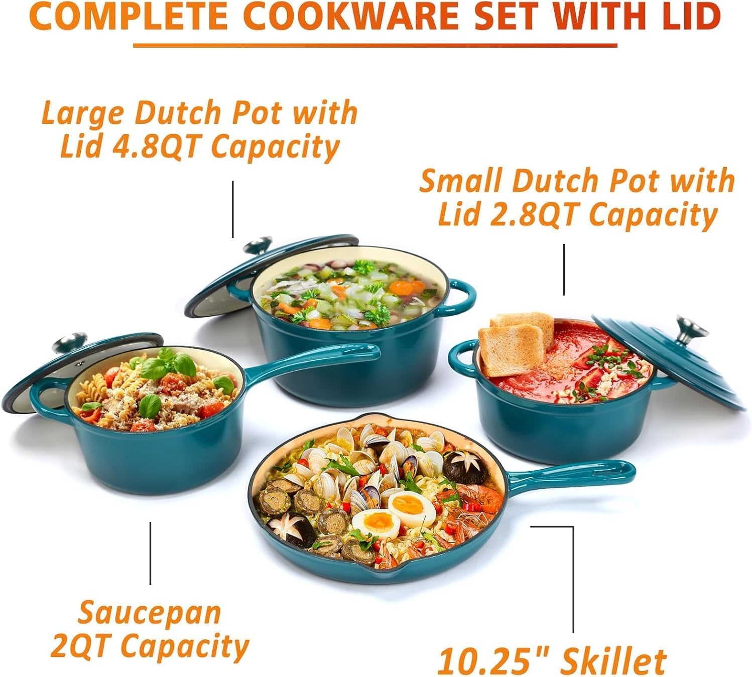 image:imageHisencn Enameled Cast Iron Cookware Set 7 Piece Dutch Ovens Set Sauce Pan Skillet 3 Lids Pots and Pans Set Ceramic Coated Cast Iron Heavy Duty GasInduction Compatible PFA FreeBiscay Blue