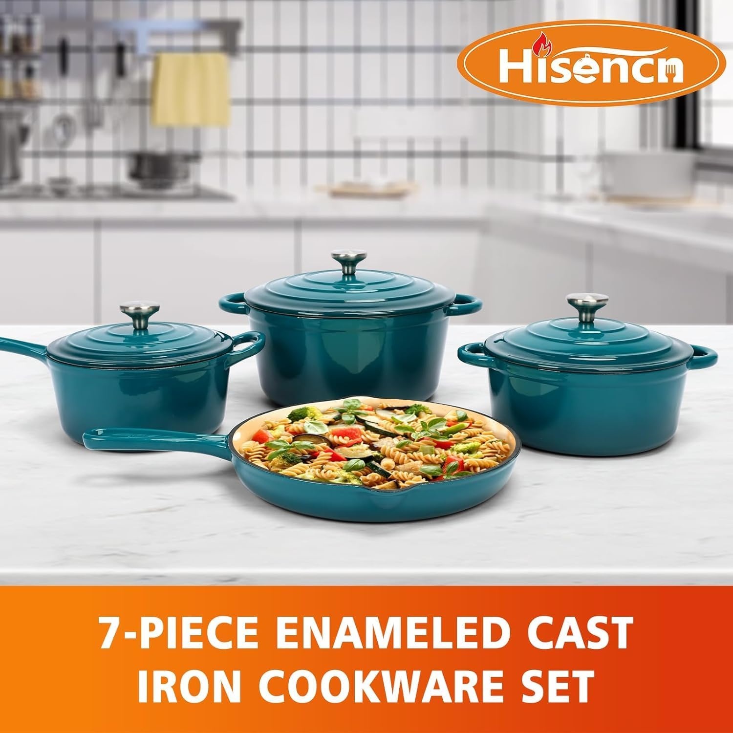 image:imageHisencn Enameled Cast Iron Cookware Set 7 Piece Dutch Ovens Set Sauce Pan Skillet 3 Lids Pots and Pans Set Ceramic Coated Cast Iron Heavy Duty GasInduction Compatible PFA FreeBiscay Blue