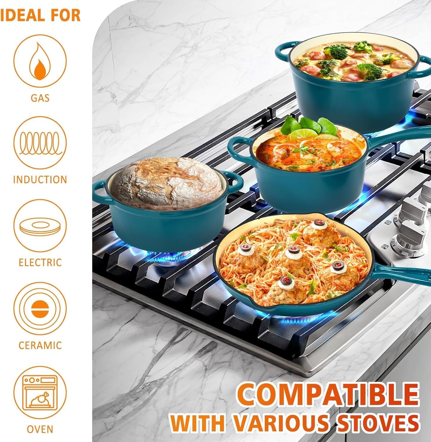 image:imageHisencn Enameled Cast Iron Cookware Set 7 Piece Dutch Ovens Set Sauce Pan Skillet 3 Lids Pots and Pans Set Ceramic Coated Cast Iron Heavy Duty GasInduction Compatible PFA FreeBiscay Blue