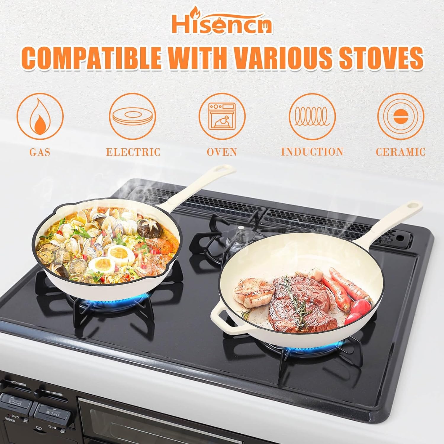 image:imageHisencn Enameled Cast Iron Cookware Set 7 Piece Dutch Ovens Set Sauce Pan Skillet 3 Lids Pots and Pans Set Ceramic Coated Cast Iron Heavy Duty GasInduction Compatible PFA FreeCream White