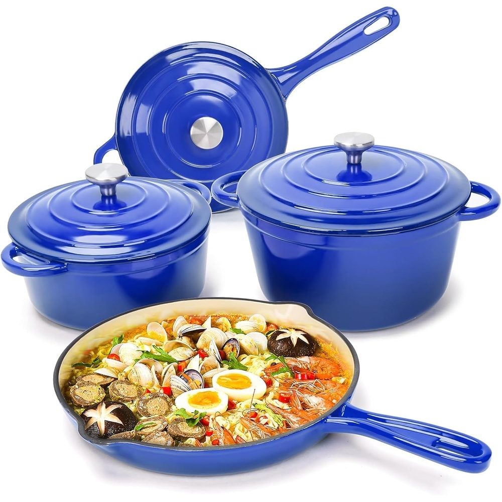 image:imageHisencn Enameled Cast Iron Cookware Set 7 Piece Dutch Ovens Set Sauce Pan Skillet 3 Lids Pots and Pans Set Ceramic Coated Cast Iron Heavy Duty GasInduction Compatible PFA FreeBlue