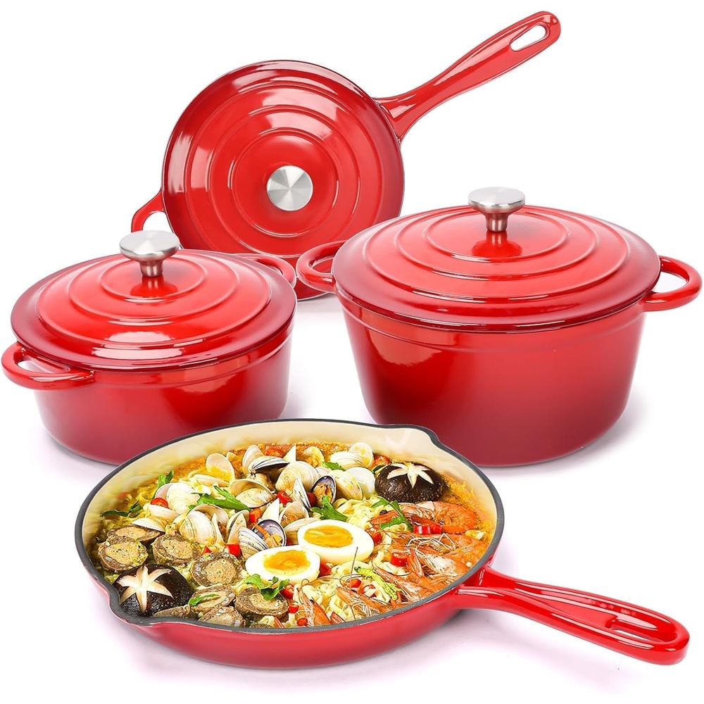 image:imageHisencn Enameled Cast Iron Cookware Set 7 Piece Dutch Ovens Set Sauce Pan Skillet 3 Lids Pots and Pans Set Ceramic Coated Cast Iron Heavy Duty GasInduction Compatible PFA FreeRed