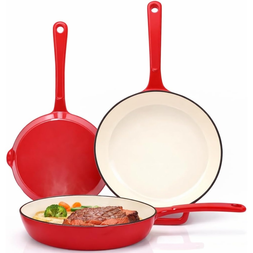 image:imageHisencn Enameled Cast Iron Cookware Set 7 Piece Dutch Ovens Set Sauce Pan Skillet 3 Lids Pots and Pans Set Ceramic Coated Cast Iron Heavy Duty GasInduction Compatible PFA FreeRouge Red