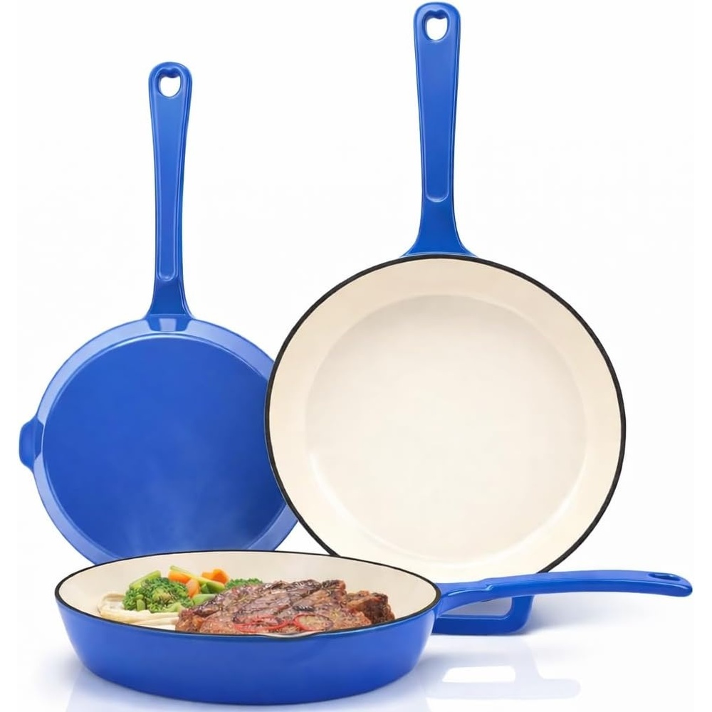 image:imageHisencn Enameled Cast Iron Cookware Set 7 Piece Dutch Ovens Set Sauce Pan Skillet 3 Lids Pots and Pans Set Ceramic Coated Cast Iron Heavy Duty GasInduction Compatible PFA FreeCobalt Blue
