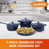 Hisencn Enameled Cast Iron Cookware Set – 7 Piece Dutch Ovens Set, Sauce Pan, Skillet, 3 Lids, Pots and Pans Set, Ceramic Coated Cast Iron, Heavy Duty, Gas/Induction Compatible, PFA Free(Navy)