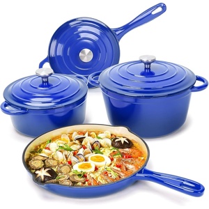 Hisencn Enameled Cast Iron Cookware Set – 7 Piece Dutch Ovens Set, Sauce Pan, Skillet, 3 Lids, Pots and Pans Set, Ceramic Coated Cast Iron, Heavy Duty, Gas/Induction Compatible, PFA Free(Blue)