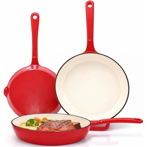 Hisencn Enameled Cast Iron Cookware Set – 7 Piece Dutch Ovens Set, Sauce Pan, Skillet, 3 Lids, Pots and Pans Set, Ceramic Coated Cast Iron, Heavy Duty, Gas/Induction Compatible, PFA Free(Rouge Red)