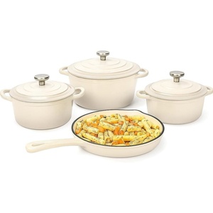 Hisencn Enameled Cast Iron Cookware Set – 7 Piece Dutch Ovens Set, Sauce Pan, Skillet, 3 Lids, Pots and Pans Set, Ceramic Coated Cast Iron, Heavy Duty, Gas/Induction Compatible, PFA Free(White)