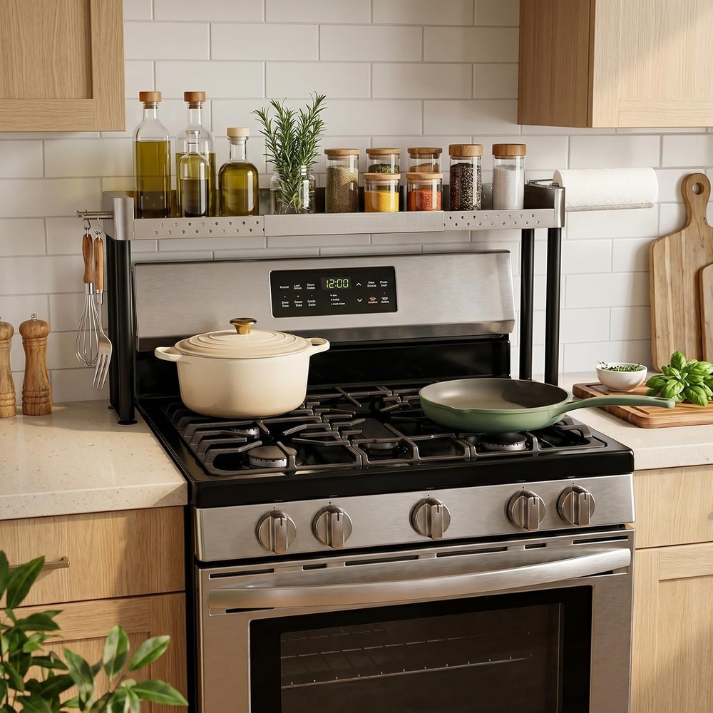 image:imageAdjustable Stove Top Shelf with Paper Towel Holder Stainless Steel Over Stove Spice Rack Organizer Expandable Back of Stove Shelf with Hooks AntiSlip Feet amp Raised Rails for Kitchen Storage