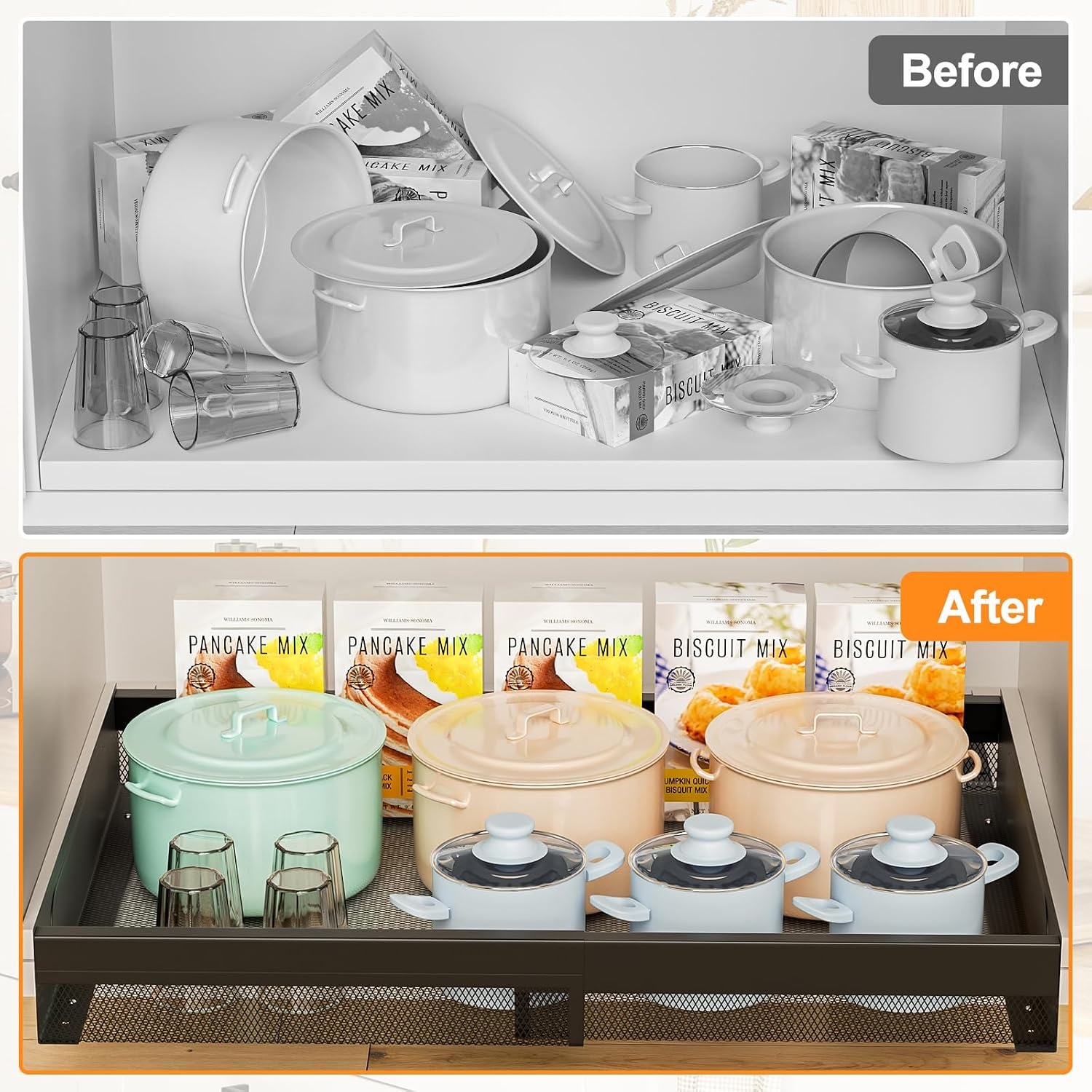 image:imageHisencn 2 Pack Pull Out Cabinet Organizers White 1535165 Deep Kitchen Expandable Cabinet Drawers Slide Out Black