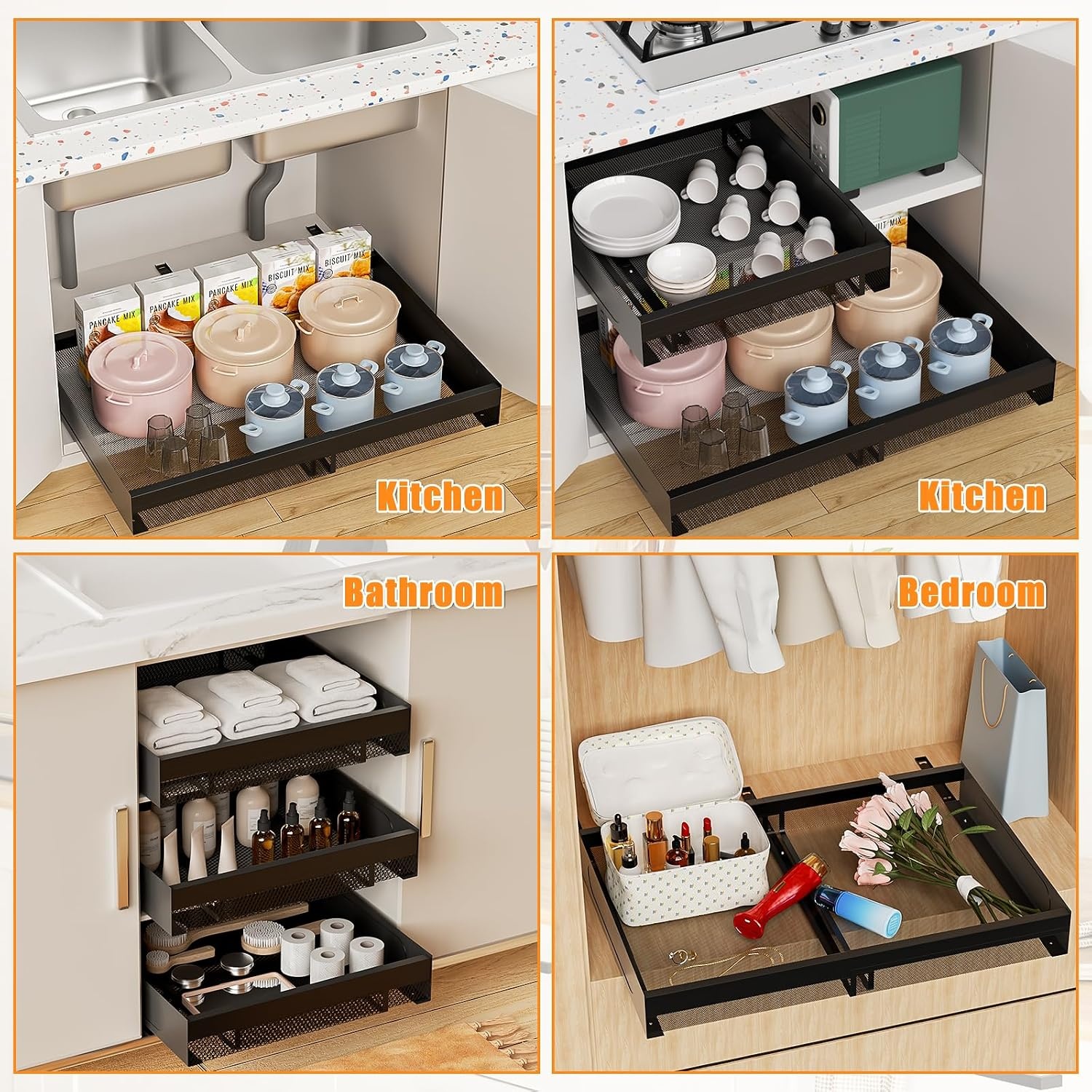 image:imageHisencn 2 Pack Pull Out Cabinet Organizers White 1535165 Deep Kitchen Expandable Cabinet Drawers Slide Out Black