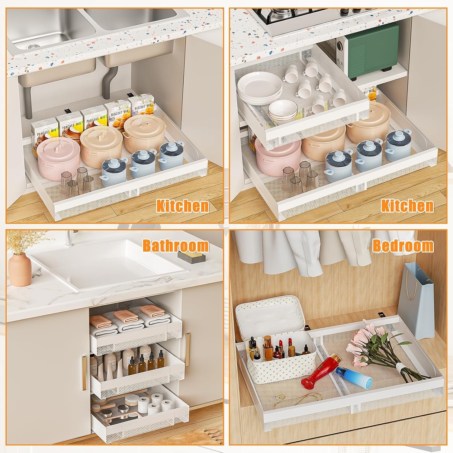 image:imageHisencn 2 Pack Pull Out Cabinet Organizers White 1535165 Deep Kitchen Expandable Cabinet Drawers Slide Out White