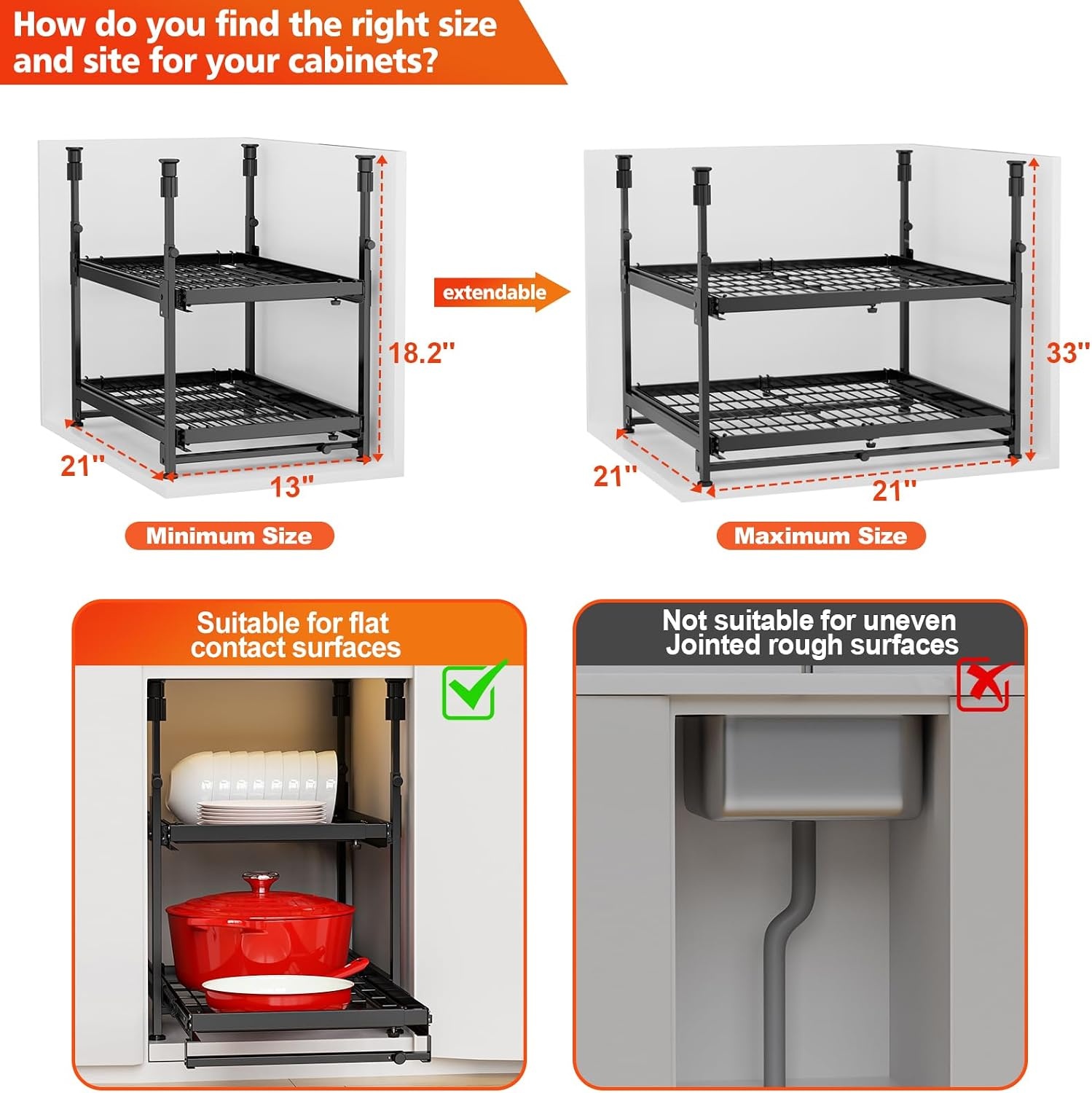 image:imageHisencn Adjustable 2Tier PullOut Cabinet Organizer for 1321 Wide Cabinets No Drill Installation 21 Depth